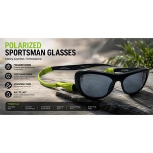 Vintage Polarized Sportsman Glasses Black Fishing‎ Sunglasses Neon Green Strap